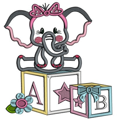 Cute Little Baby Elephant Sitting On ABC Blocks School Applique Machine Embroidery Design Digitized Pattern