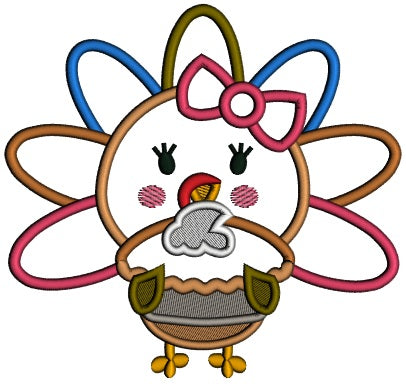 Cute Little Baby Turkey With Pretty Bow Holding Pumpkin Pie Thanksgiving Applique Machine Embroidery Design Digitized Pattern