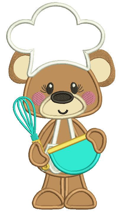 Cute Little Bear Cook Applique Machine Embroidery Digitized Design Pattern