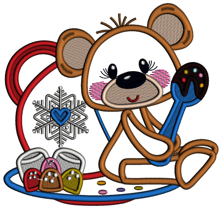 Cute Little Bear Eating Chocolate Christmas Applique Machine Embroidery Design Digitized Pattern