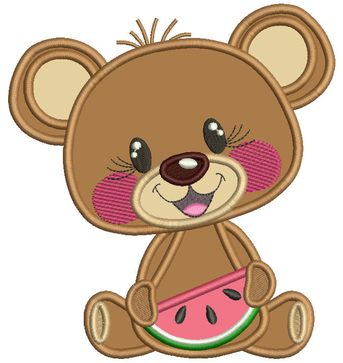 Cute Little Bear Eating Watermelon Applique Machine Embroidery Design Digitized Pattern