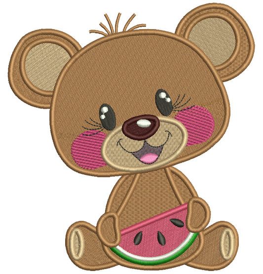 Cute Little Bear Eating Watermelon Filled Machine Embroidery Design Digitized Pattern