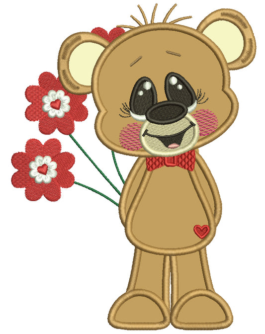 Cute Little Bear Holding Flowers Applique Machine Embroidery Design Digitized Pattern