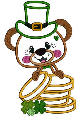Cute Little Bear Holding Gold Coins St. Patrick's Applique Machine Embroidery Design Digitized Pattern