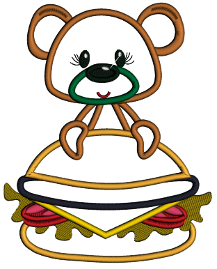 Cute Little Bear Holding Hamburger Applique Machine Embroidery Design Digitized Pattern