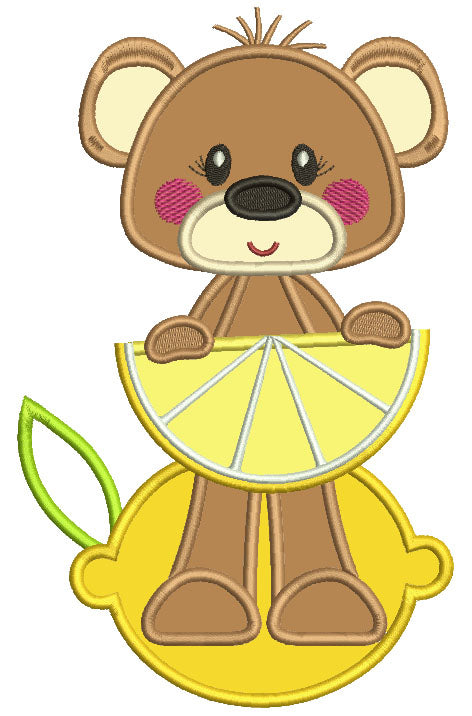Cute Little Bear Holding Lemon Slice Applique Machine Embroidery Design Digitized Pattern