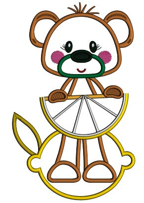 Cute Little Bear Holding Lemon Slice Applique Machine Embroidery Design Digitized Pattern