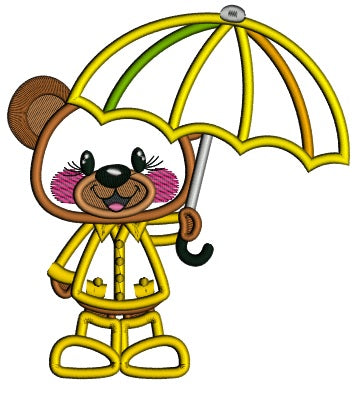 Cute Little Bear Holding Umbrella Spring Applique Machine Embroidery Design Digitized Pattern
