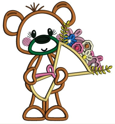 Cute Little Bear Holding a Flower Bouquet Applique Summer Machine Embroidery Design Digitized Pattern
