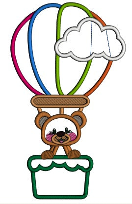 Cute Little Bear Inside an Air Balloon Applique Machine Embroidery Design Digitized Pattern