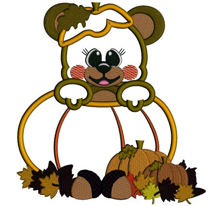 Cute Little Bear Sitting Inside Pumpkin Fall Applique Machine Embroidery Design Digitized Pattern