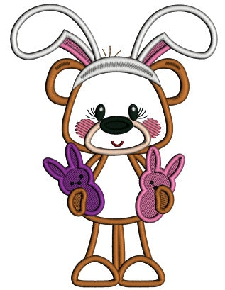 Cute Little Bear Wearing Bunny Ears Holding Two Easter Bunnies Applique Machine Embroidery Design Digitized Pattern