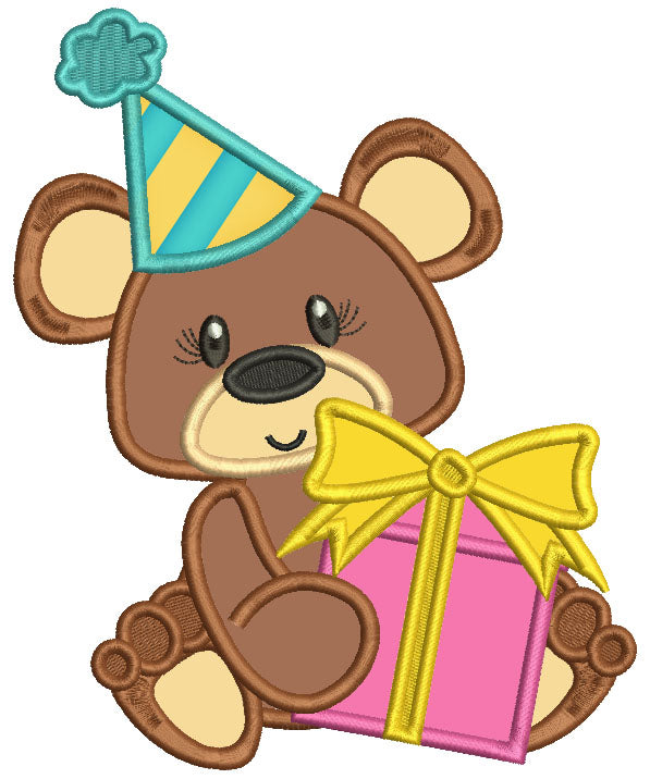 Cute Little Bear With Presents Applique Machine Embroidery Design Digitized Pattern