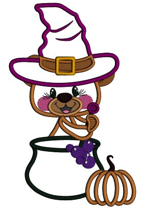 Cute Little Bear Wizard Sitting The Pot With Pumpkin Applique Halloween Machine Embroidery Design Digitized Pattern