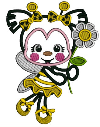 Cute Little Bee Holding a Flower Applique Machine Embroidery Design Digitized Pattern