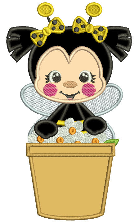 Cute Little Bee Sitting Inside a Flower Pot Applique Machine Embroidery Design Digitized Pattern