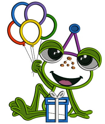 Cute Little Birthday Frog Holding Balloons Applique Machine Embroidery Design Digitized Pattern