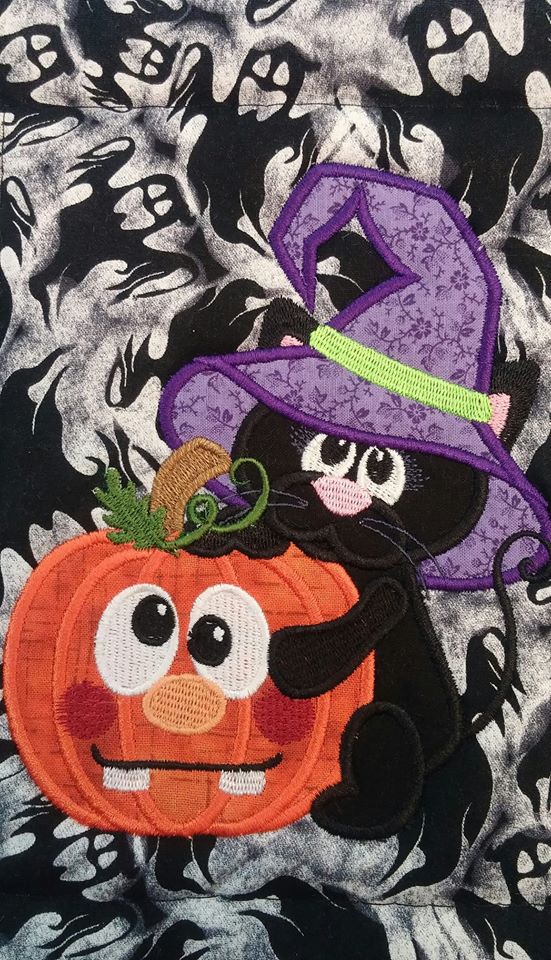 Cute Little Black Kitten Hugging Pumpkin Halloween Applique Machine Embroidery Design Digitized Pattern