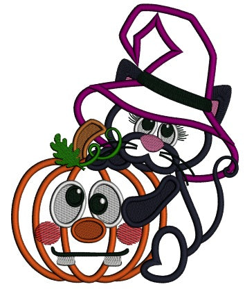 Cute Little Black Kitten Hugging Pumpkin Halloween Applique Machine Embroidery Design Digitized Pattern