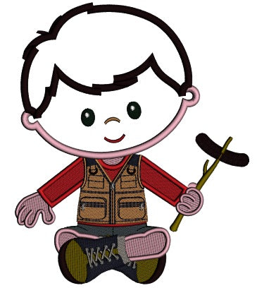 Cute Little Boy Camping Holding Sausage On The Stick Applique Machine Embroidery Design Digitized Pattern