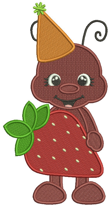 Cute Little Bug Holding Big Strawberry Filled Machine Embroidery Design Digitized Pattern
