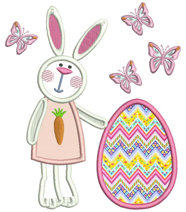 Cute Little Bunny Girl Standing Next To Easter Egg Applique Machine Embroidery Design Digitized Pattern