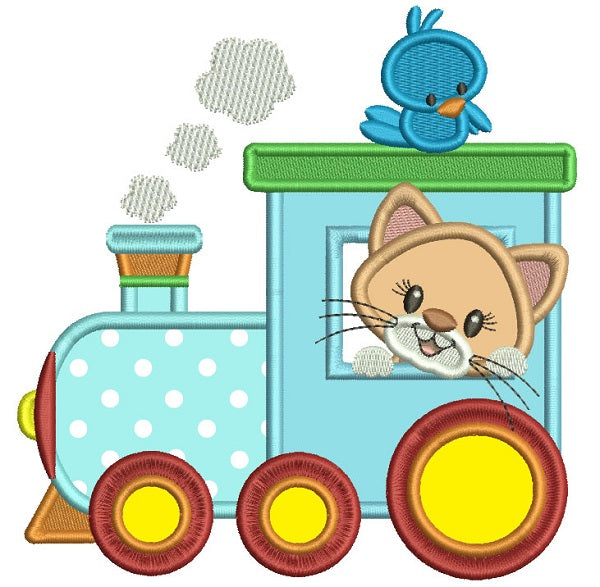 Cute Little Cat Sitting Inside a Train Applique Machine Embroidery Design Digitized Pattern