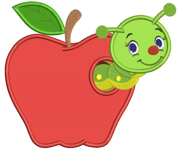 Cute Little Caterpillar Inside Apple School Applique Machine Embroidery Design Digitized Pattern