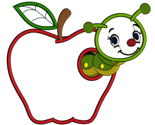 Cute Little Caterpillar Inside Apple School Applique Machine Embroidery Design Digitized Pattern