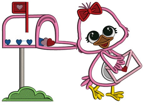 Cute Little Chick Getting Envelope With Heart Valentine's Day Applique Machine Embroidery Design Digitized Pattern