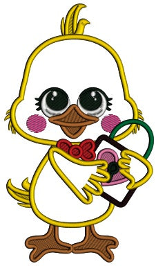 Cute Little Chick Holding Lock With Heart Valentine's Day Applique Machine Embroidery Design Digitized Pattern