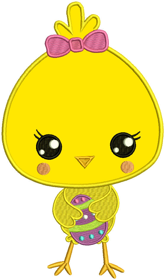 Cute Little Chick Holding an Easter Egg Applique Machine Embroidery Design Digitized Pattern