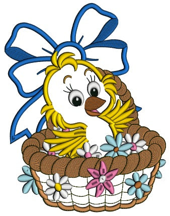 Cute Little Chick Sitting In a Flower Basket Applique Machine Embroidery Design Digitized Pattern