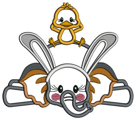 Cute Little Chick Sitting On Elephant Wearing Bunny Ears Easter Applique Machine Embroidery Design Digitized Pattern