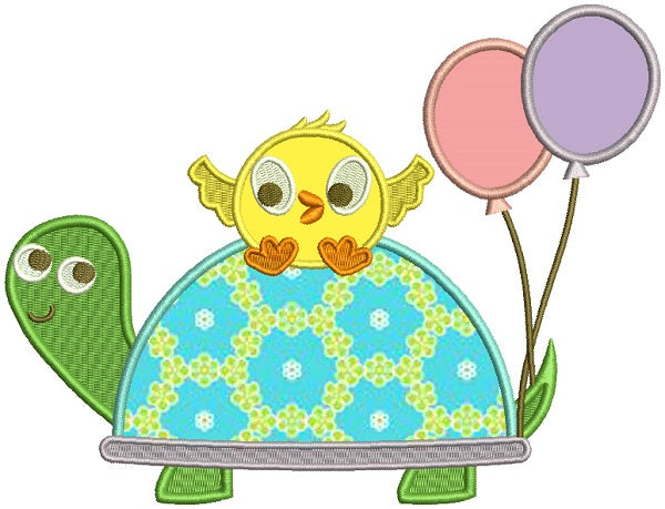 Cute Little Chick Sitting On The Turtle With Balloons Easter Applique Machine Embroidery Design Digitized Pattern