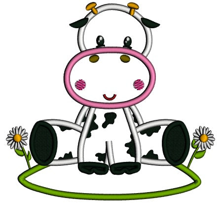 Cute Little Cow Sitting On The Grass With Flowers Applique Machine Embroidery Design Digitized Pattern