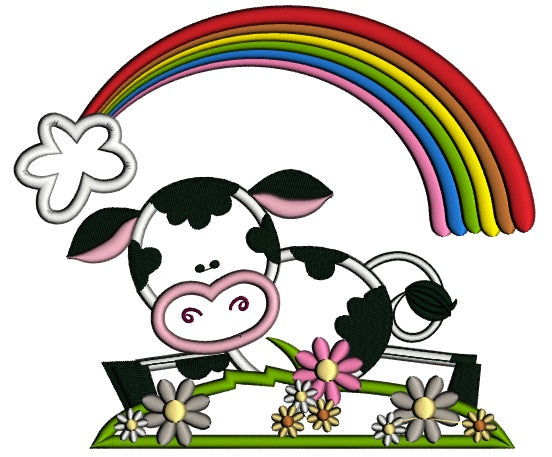 Cute Little Cow Under The Rainbow Applique Machine Embroidery Digitized Design Pattern