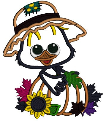 Cute Little Crow Holding Big Pumpkin Fall Thanksgiving Applique Machine Embroidery Design Digitized Pattern