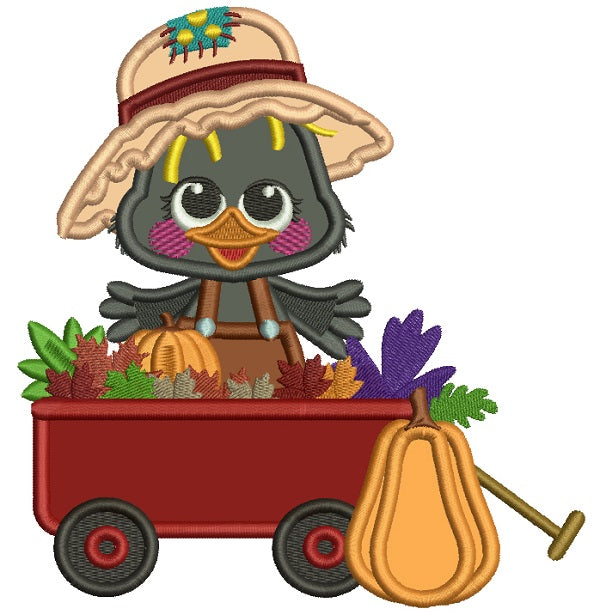 Cute Little Crow Sitting Inside The Cart With Pumpkins Applique Thanksgiving Filled Machine Embroidery Design Digitized Pattern