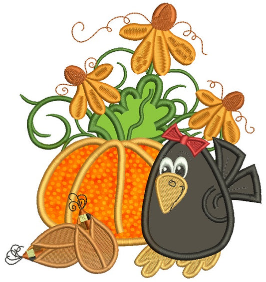 Cute Little Crow With Fancy Pumpkin Applique Machine Embroidery Design Digitized Pattern