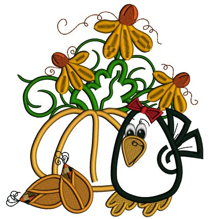 Cute Little Crow With Fancy Pumpkin Applique Machine Embroidery Design Digitized Pattern