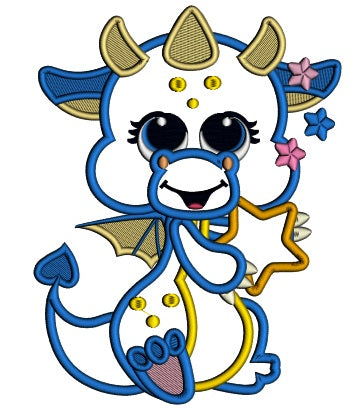 Cute Little Dino Holding Big Star Applique Machine Embroidery Design Digitized Pattern