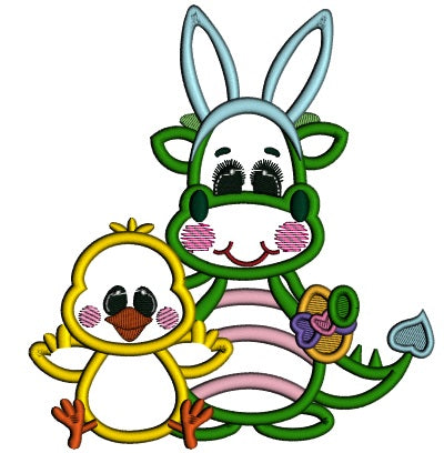 Cute Little Dino Wearing Bunny Ears And a Chick Applique Easter Machine Embroidery Design Digitized Pattern