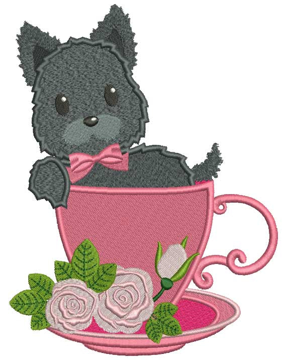 Cute Little Dog Sitting In a Beautiful Cup Filled Machine Embroidery Design Digitized Pattern