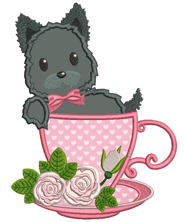 Cute Little Dog Sitting In a Beautiful Cup Filled Machine Embroidery Design Digitized Pattern