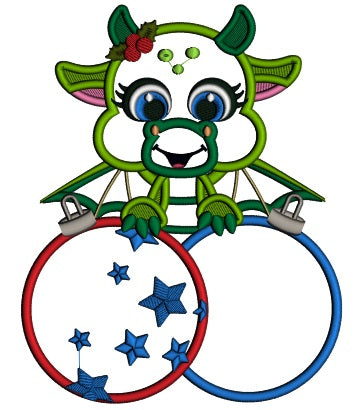 Cute Little Dragon Holding Christmas Ornaments Applique Machine Embroidery Design Digitized Pattern