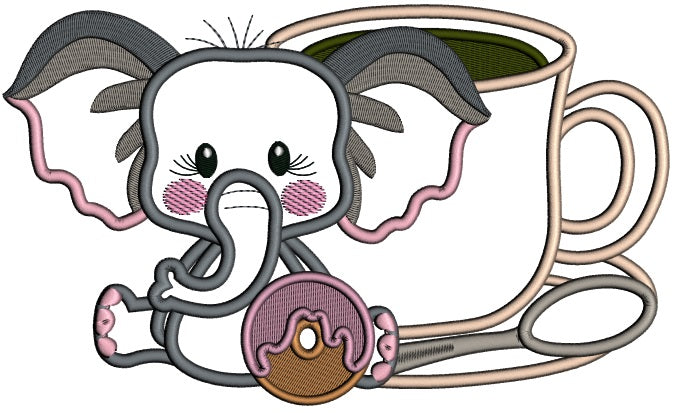 Cute Little Elephant And Coffee Applique Machine Embroidery Design Digitized Pattern