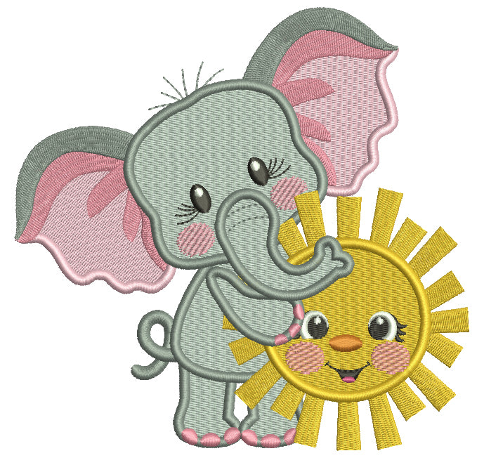 Cute Little Elephant Holding The Sun Filled Machine Embroidery Design Digitized