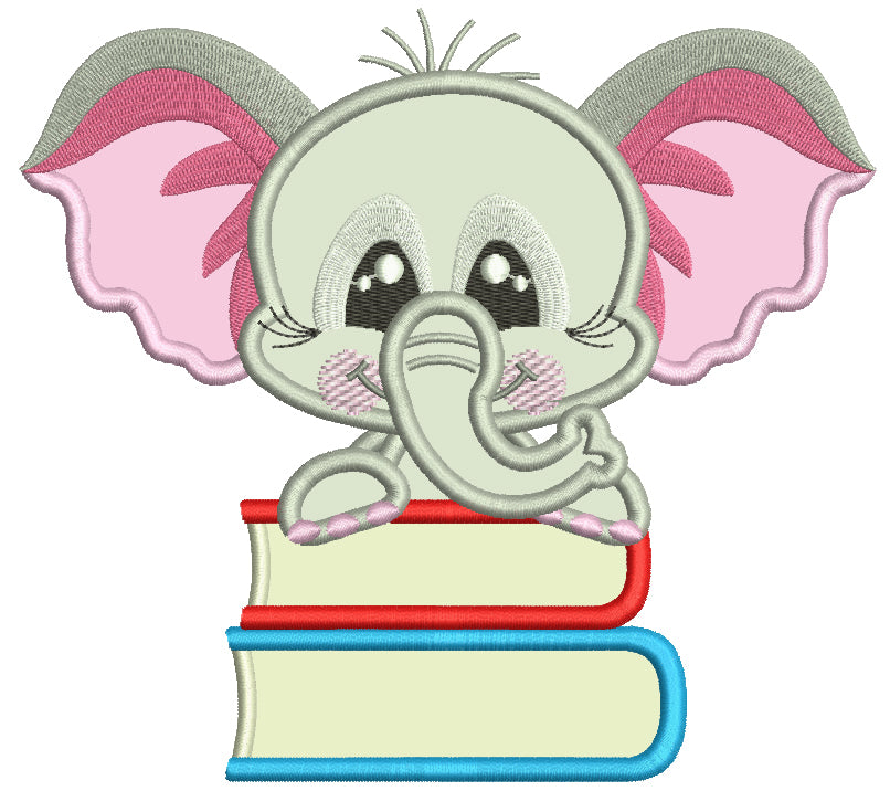 Cute Little Elephant Holding Two Books School Applique Machine Embroidery Design Digitized Pattern