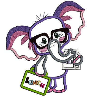 Cute Little Elephant Holding a Lunch Box Back To School Applique Machine Embroidery Design Digitized Pattern
